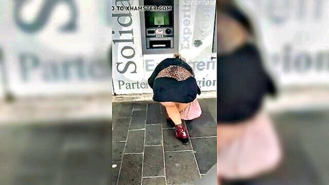 Woman bends over at public ATM upskirt flashing bare ass and pussy in short skirt