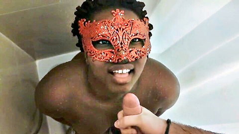 Masked ebony beauty smiling for blowjob titjob facial cumshot