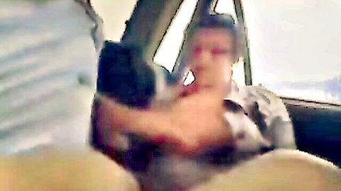 Black guy sucks blonde's exposed big tits and nipples in car interracial play