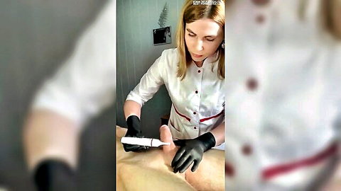 Blonde nurse shaves patient's erect penis in medical fetish scene
