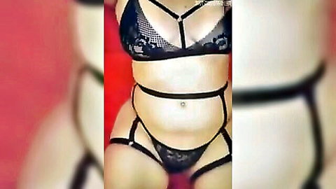 Latin mature wife in black lace harness lingerie, natural tits