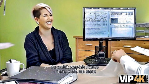 Busty Lussy smiles in office, cleavage out, negotiating credit with man