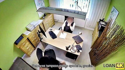 Russian babe in short dress rides loan agent cock in office