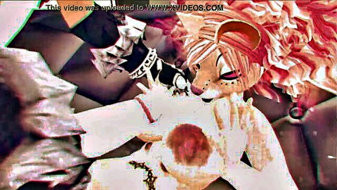 Lioness furry in VHS yiff scene, exposing large breasts in sexy pose