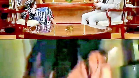 Curvy Arab MILF in striped dress sitting at wooden dinner table with big tits visible