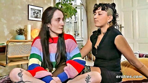 Lexi and Katie A. in cozy lesbian chat, striped sweater and black skirt