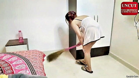 Indian stepmom in white lingerie bending over seductively while cleaning