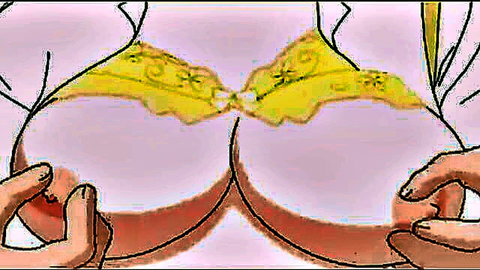 Hentai babe's massive pink tits squeezed by hands in yellow lace bra