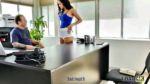 Brunette in tight top and shorts seduces loan agent in office
