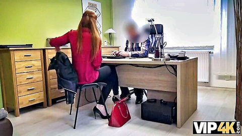 Redhead Isabella in office blouse and heels at desk for VIP4K sex