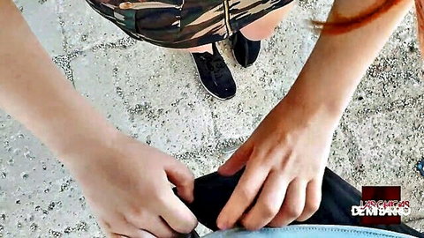 Redhead amateur girlfriend in camo skirt pulling down pants homemade POV