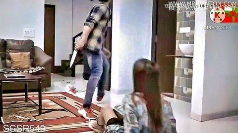 Desi woman in skirt surprised by neighbor with knife, tense amateur encounter