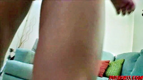 Blonde babe's shaved pussy pounded by huge cock missionary style on couch