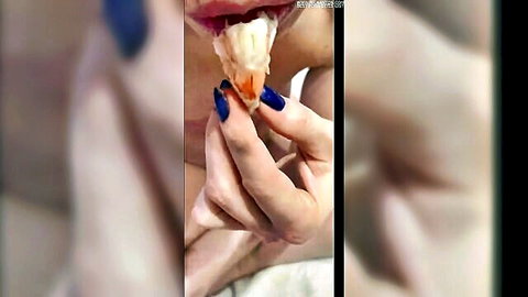 Amateur Italian woman eats cum-covered food with blue nails