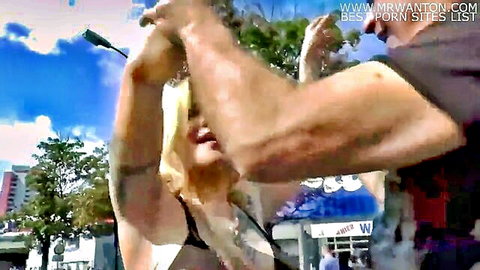 Blonde babe grabbed by man outdoors at Love Parade event