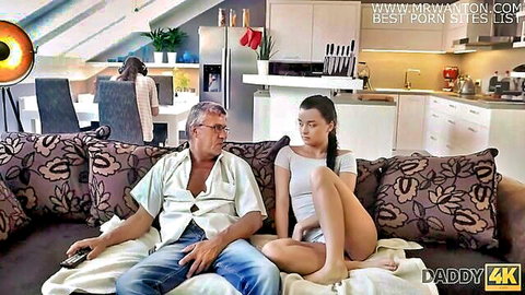 Daddy4K taboo scene: old guy with sweet petite brunette on couch