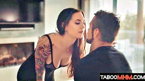 Tattooed brunette stepsister seduces stepbrother with intimate kiss in tight black dress