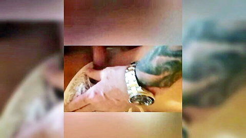 Tattooed hand groping wife's pale ass in white lingerie