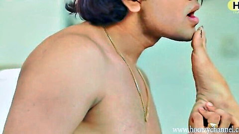 Priyanka foot worship by shirtless Indian man kissing toes