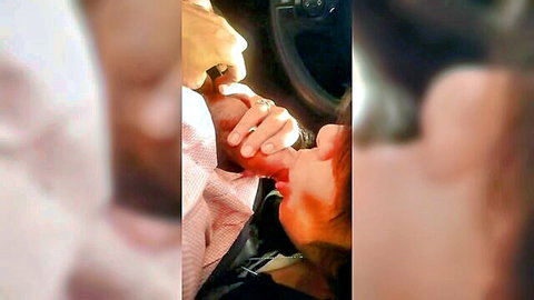Close-up collage of woman sucking thick cock during intense car blowjob