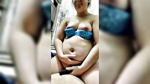 Curvy blonde wife riding cock in blue bra POV, big tits exposed