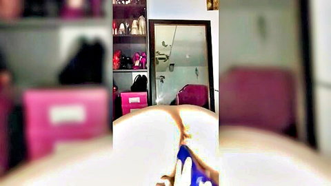 Amateur woman in doggy style with big blue dildo creampie squirting orgasm