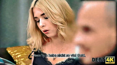Blonde Maria in black dress pleads with debt collector in DEBT4K scene