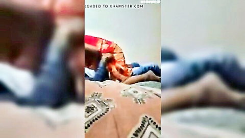 Blurry Indian MILF in red saree fucked by man in blue jeans on bed