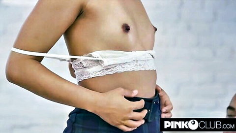 May Thai topless in white lace lingerie, teasing pose