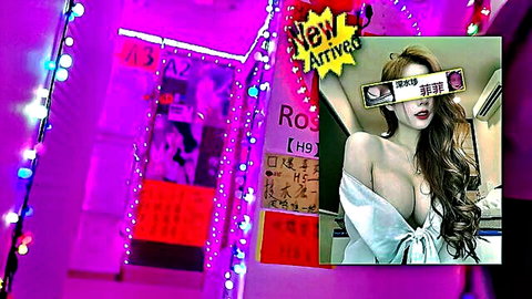 Topless Chinese beauty with huge bare tits in open white shirt in pink neon-lit sex shop