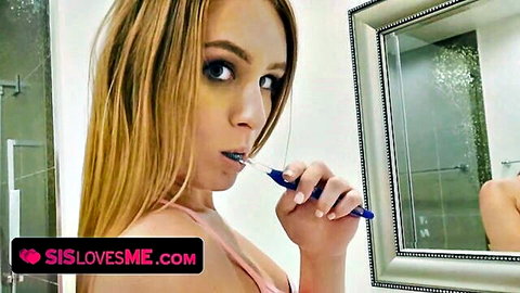 Blonde stepsister babe brushing teeth showing deep cleavage in pink top