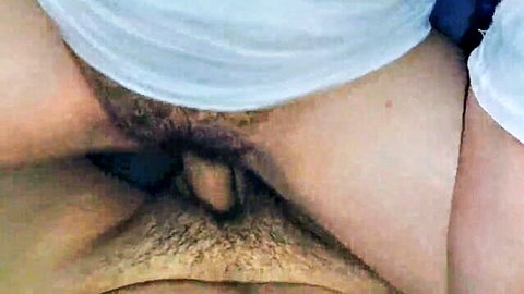Thick cock penetrating hairy pussy with blue panties pulled aside