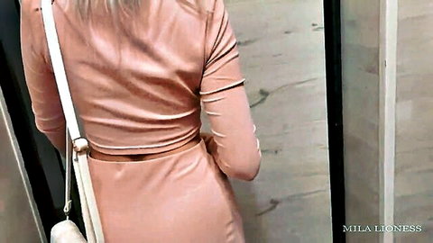 Mila Lioness in tight pink dress, sexy back view tease