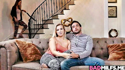 Natasha Starr, Bailey Brooke, and Jake Adams in teasing threesome on couch