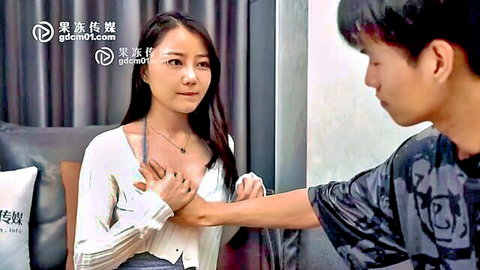 Yun Duo in Chinese AV Tutor's Physical Reward, open white top cleavage, man touching breasts