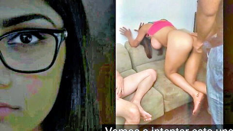Mia Khalifa close-up with glasses, bent over prepping tight anus with toy