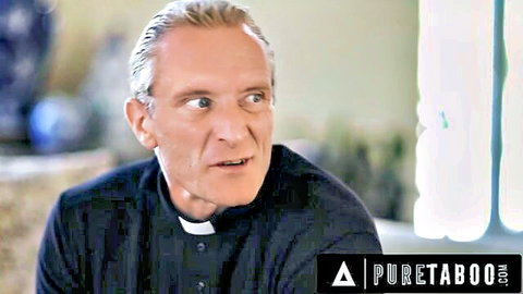 Priest in black collar speaking intensely in taboo roleplay scene