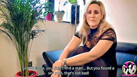 Slutty blonde MILF in black lace top teases her first gangbang plan