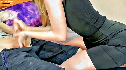 Blonde in black dress teases cock POV, leading to pussy penetration and cum on legs