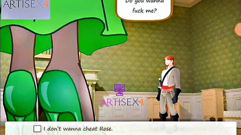 Big titted milf queen in green dress seducing red-haired man in castle game scene