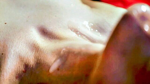 Closeup of shaved pussy with thick cum dripping from wet labia after creampie