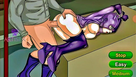 Catwoman cosplay babe bent over getting fucked doggy style by big cock in torn purple suit