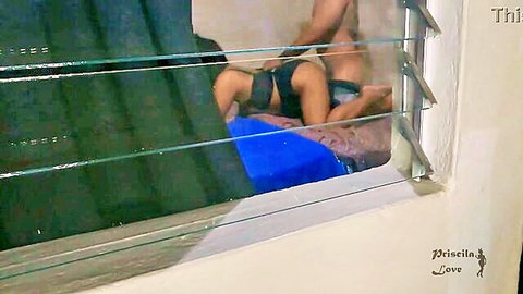 Voyeur view of muscular guy roughly fucking big ass Latina doggy style through window blinds