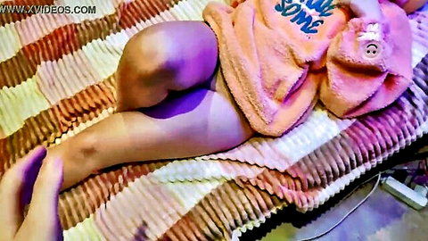 Cute unknown model in pink bathrobe spreading legs teasing solo