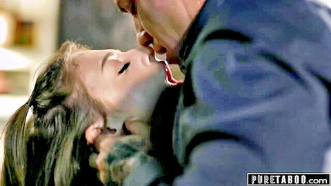 Stepdad passionately kisses and licks young brunette stepdaughter's neck in taboo scene