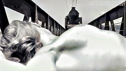 Romy Schneider nude on bridge with train, artistic black white solo