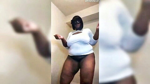 Black BBW with big saggy tits dancing in white crop top and black panties