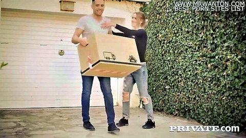 Anastasia Brokelyn pushes box with Captain Dark in outdoor tease