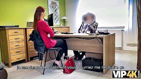 Redhead woman in office blouse and pants faces blurred man, VIP4K teaser