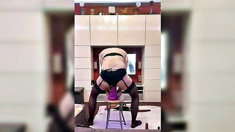 Lisa Essex rides huge anal dildo in black lingerie and stockings